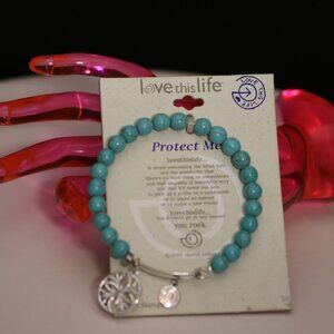 Love This Life Protect Me Bangle Bracelet W/ Silver Tone & Faux Turquoise Beads